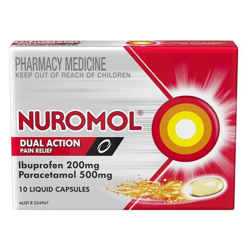 Load image into Gallery viewer, Nuromol Strong Pain Relief Liquid Capsules 200mg Ibuprofen/500mg Paracetamol 10 pack
