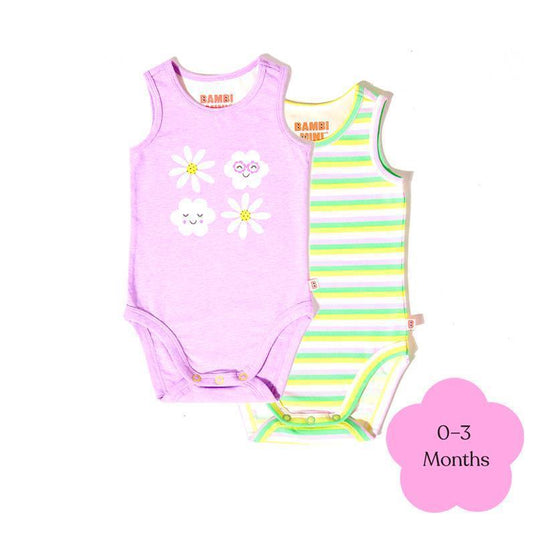 Bambi Mini Co. Supersinglet Bodysuit Girls Purple Flowers and Candy Stripe 2 pack 0-3