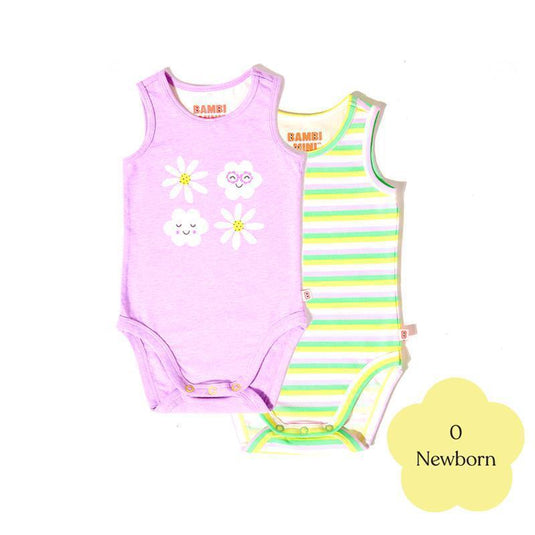 Bambi Mini Co. Supersinglet Bodysuit Girls Purple Flowers and Candy Stripe 2 pack 0 Newborn