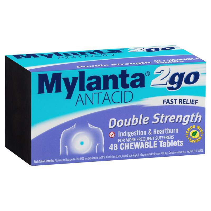 Load image into Gallery viewer, Mylanta 2Go Antacid Double Strength Tablets Lemon Mint 48 Pack
