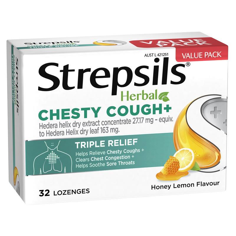 Load image into Gallery viewer, Strepsils Herbal Chesty Cough+ Lozenges Honey Lemon 32 Pack
