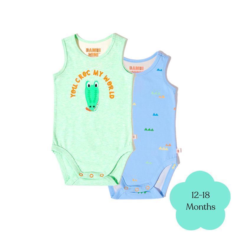 Load image into Gallery viewer, Bambi Mini Co. Supersinglet Bodysuit Boys Green Croc and Triangles 2 pack 12-18
