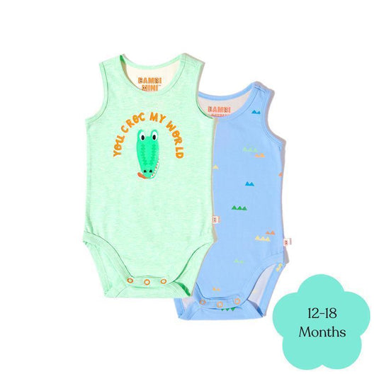 Bambi Mini Co. Supersinglet Bodysuit Boys Green Croc and Triangles 2 pack 12-18