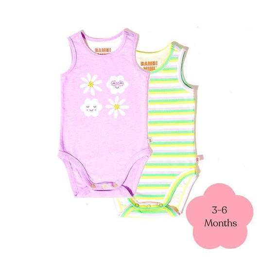 Bambi Mini Co. Supersinglet Bodysuit Girls Purple Flowers and Candy Stripe 2 pack 3-6