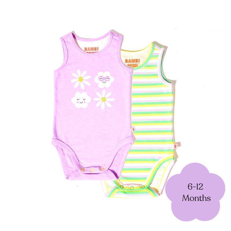 Load image into Gallery viewer, Bambi Mini Co. Supersinglet Bodysuit Girls Purple Flowers and Candy Stripe 2 pack 6-12
