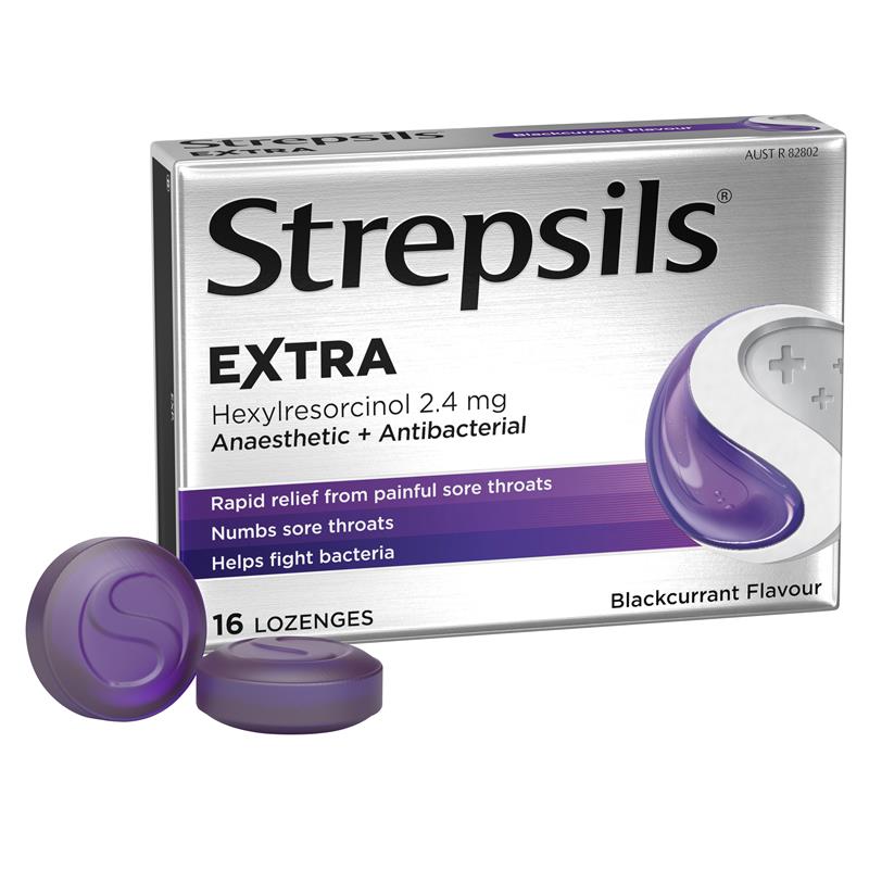 Load image into Gallery viewer, Strepsils Extra Blackcurrant Sore Throat Pain Relief with Anaesthetic Lozenges 16 Pack
