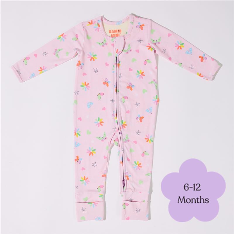 Load image into Gallery viewer, Bambi Mini Co. Wrigglesuit 6-12 Months (with Grippy Feet) Pink Festival Bloom

