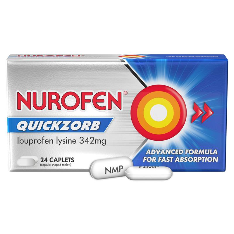 Load image into Gallery viewer, Nurofen Quickzorb Pain Relief Caplets 24 pack Ibuprofen Lysine 342mg
