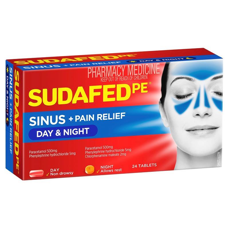 Load image into Gallery viewer, Sudafed PE Sinus + Pain Relief Day &amp; Night Tablets 24 Pack
