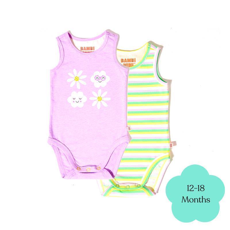 Load image into Gallery viewer, Bambi Mini Co. Supersinglet Bodysuit Girls - Purple Flowers and Candy Stripe 2 pack 12-18
