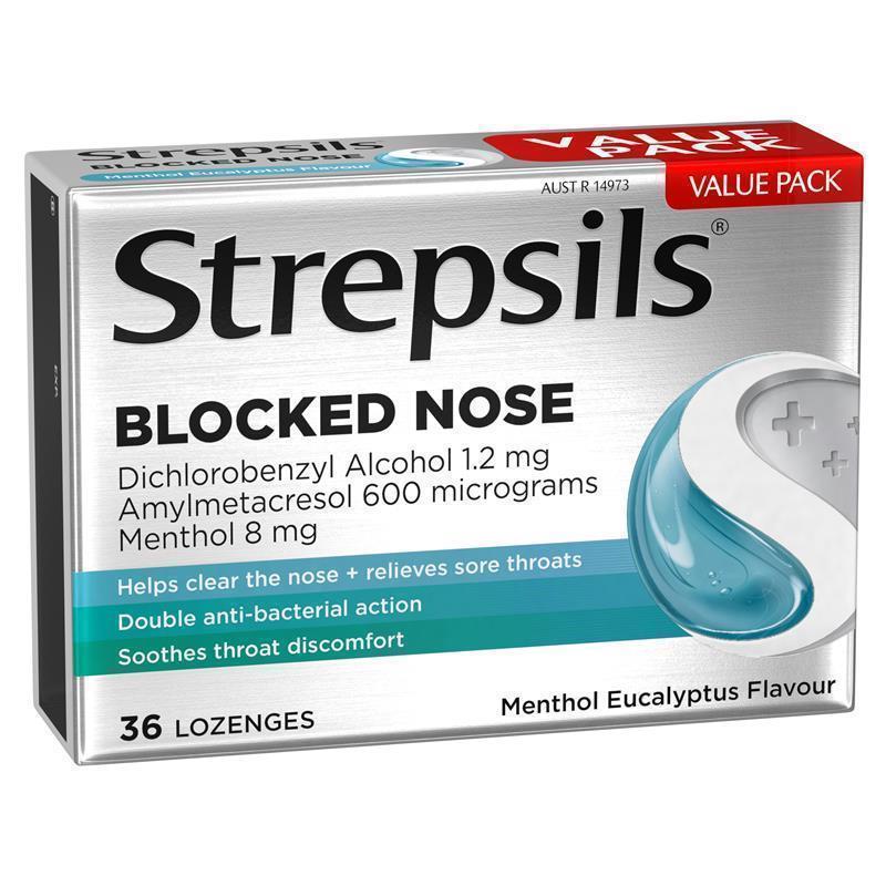 Load image into Gallery viewer, Strepsils Plus Blocked Nose Relief Throat Lozenges Menthol Eucalyptus 36 Pack
