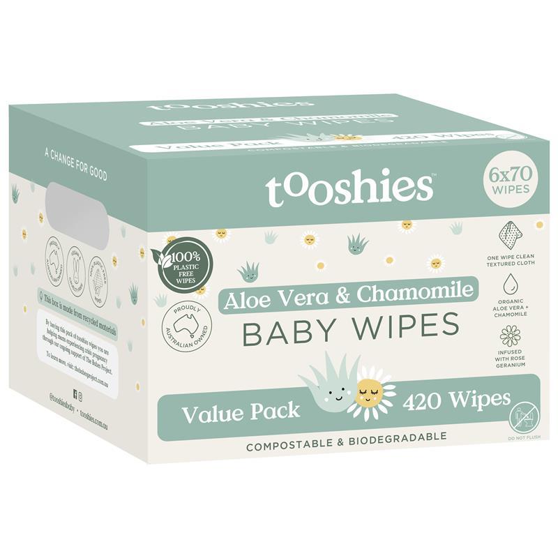 Load image into Gallery viewer, Tooshies Baby Wipes Aloe Vera and Chamomile 6 x 70 Pack
