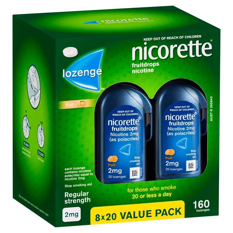 Load image into Gallery viewer, Nicorette Quit Smoking Regular Strength Nicotine Lozenge Fruitdrops  8 x 20 Pack
