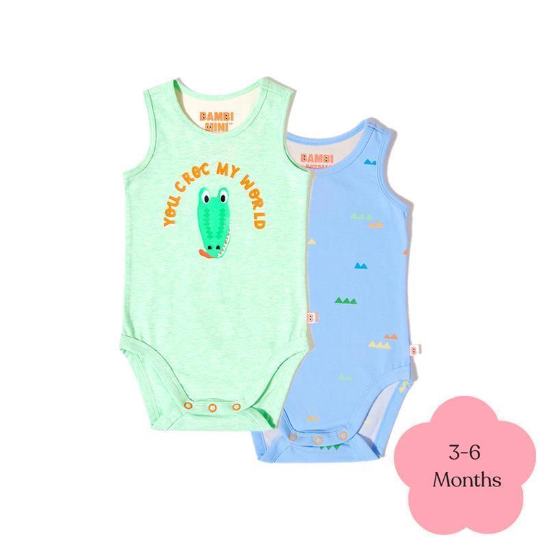 Load image into Gallery viewer, Bambi Mini Co. Supersinglet Bodysuit Boys Green Croc and Triangles 2 pack 3-6
