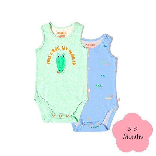 Bambi Mini Co. Supersinglet Bodysuit Boys Green Croc and Triangles 2 pack 3-6