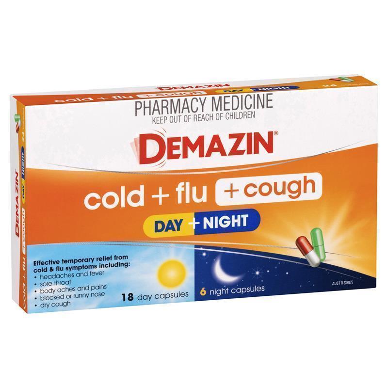 Load image into Gallery viewer, Demazin Cold + Flu + Cough Day + Night 24 Capsules
