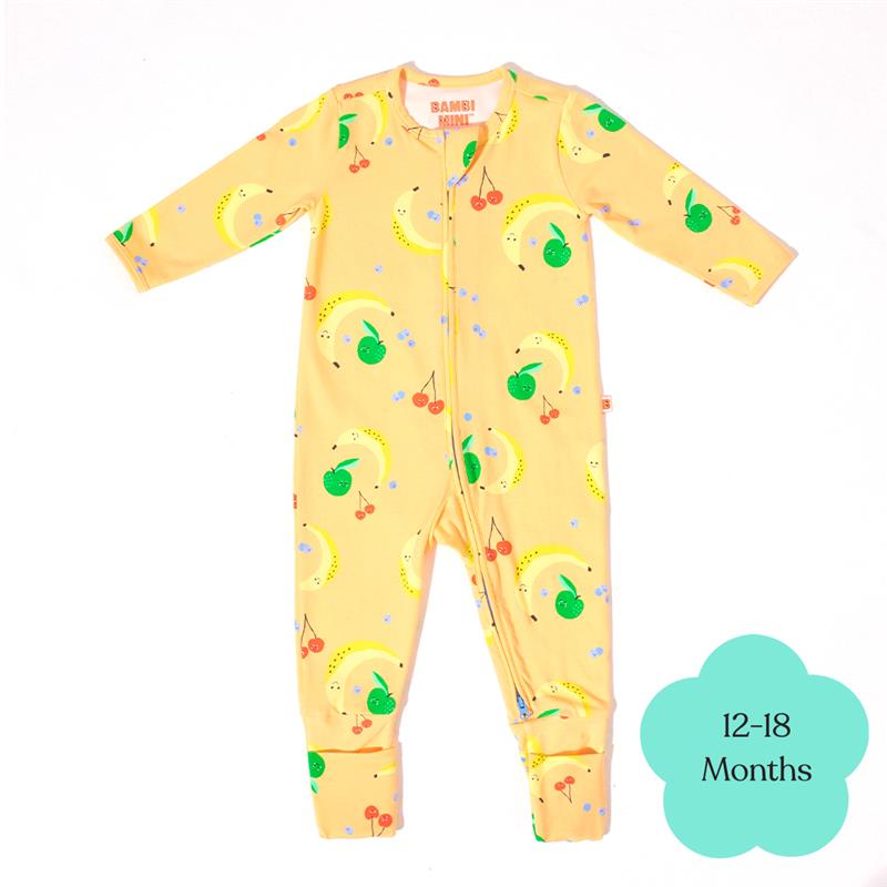 Load image into Gallery viewer, Bambi Mini Co. Wrigglesuit Unisex Orange Fruit Salad 12-18 With Grippy Feet
