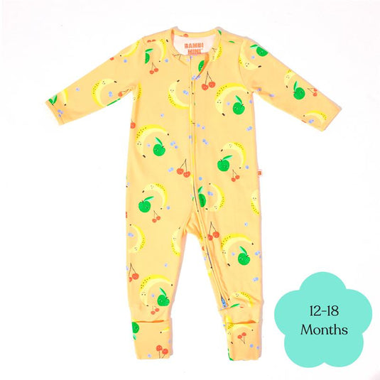 Bambi Mini Co. Wrigglesuit Unisex Orange Fruit Salad 12-18 With Grippy Feet