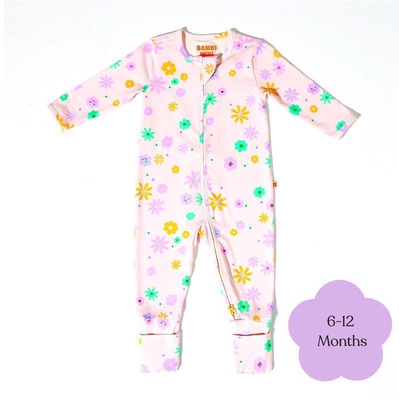 Load image into Gallery viewer, Bambi Mini Co. Wrigglesuit Girls Pink Neon Floral 6-12 With Grippy Feet
