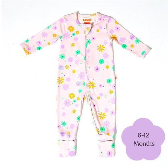 Bambi Mini Co. Wrigglesuit Girls Pink Neon Floral 6-12 With Grippy Feet