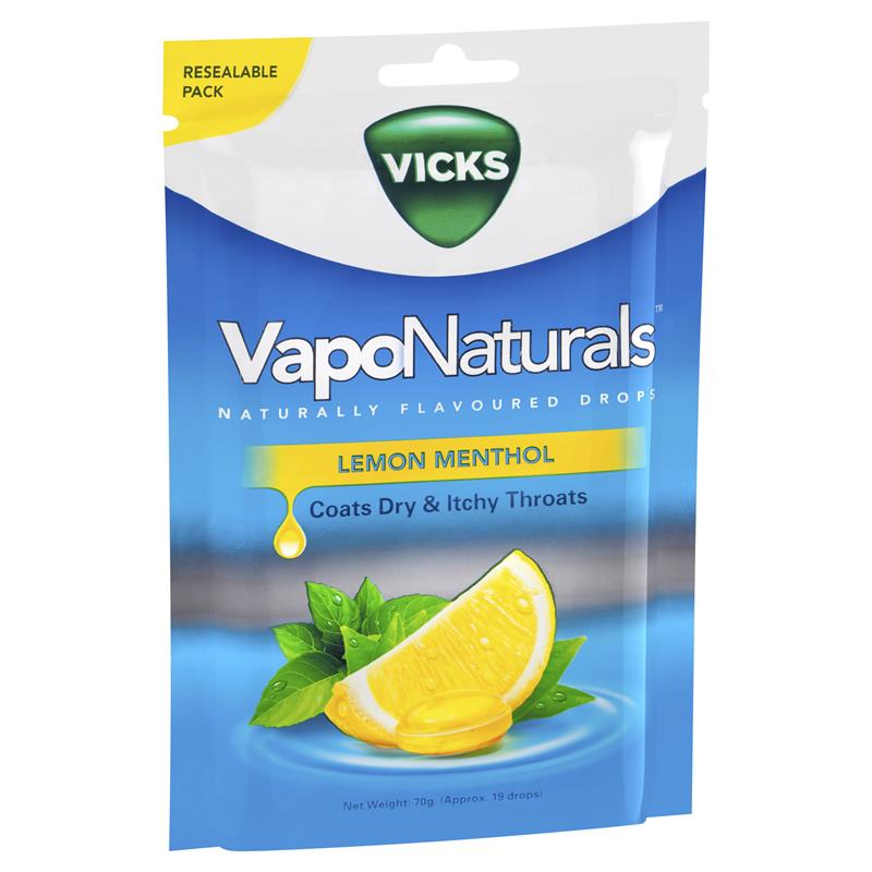 Load image into Gallery viewer, Vicks VapoNaturals Lemon Menthol Throat Lozenges 19 Naturally Flavoured Drops 70g Resealable Bag
