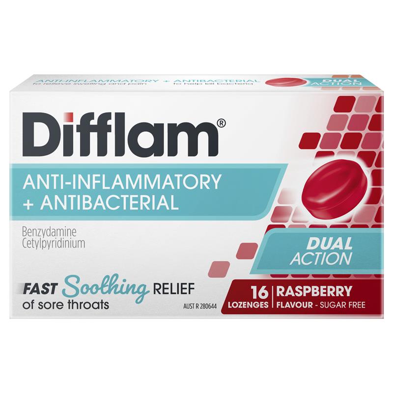 Load image into Gallery viewer, Difflam Sore Throat Sugar Free Raspberry 16 Lozenges
