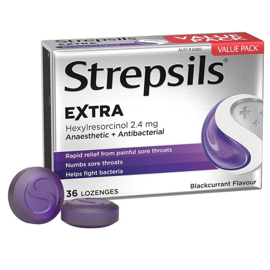 Strepsils Extra Blackcurrant Fast Numbing Sore Throat Pain Relief with Anaesthetic Lozenges 36pk