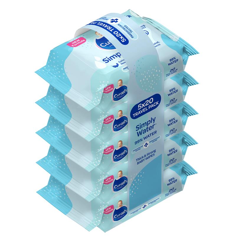 Load image into Gallery viewer, Curash Baby Travel Water Wipes 5 x 20 Pack
