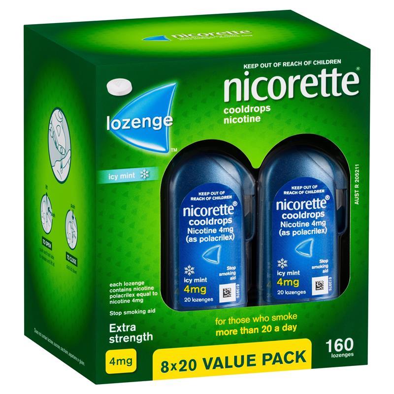 Load image into Gallery viewer, Nicorette Quit Smoking Extra Strength Cooldrops Nicotine Lozenge Icy Mint 8 x 20 Pack
