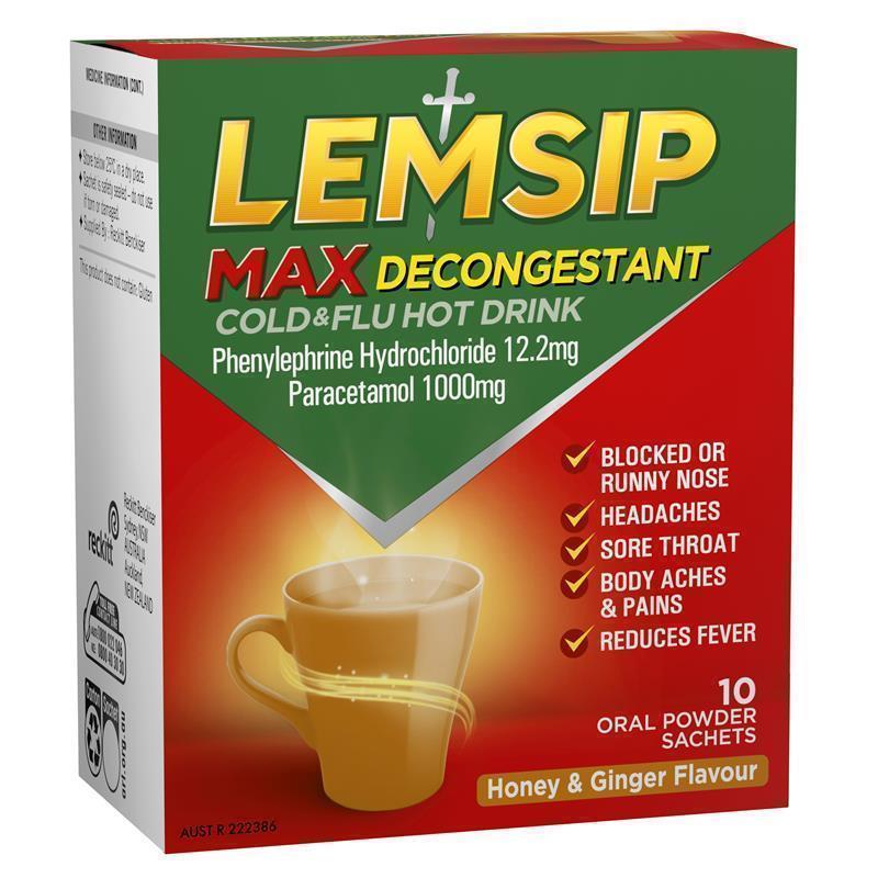 Load image into Gallery viewer, Lemsip Max Cold &amp; Flu Hot Drink with Decongestant Honey and Ginger 10 Sachets
