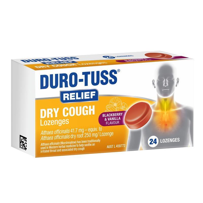 Load image into Gallery viewer, Durotuss Relief Dry Cough Blackberry &amp; Vanilla 24 Lozenges
