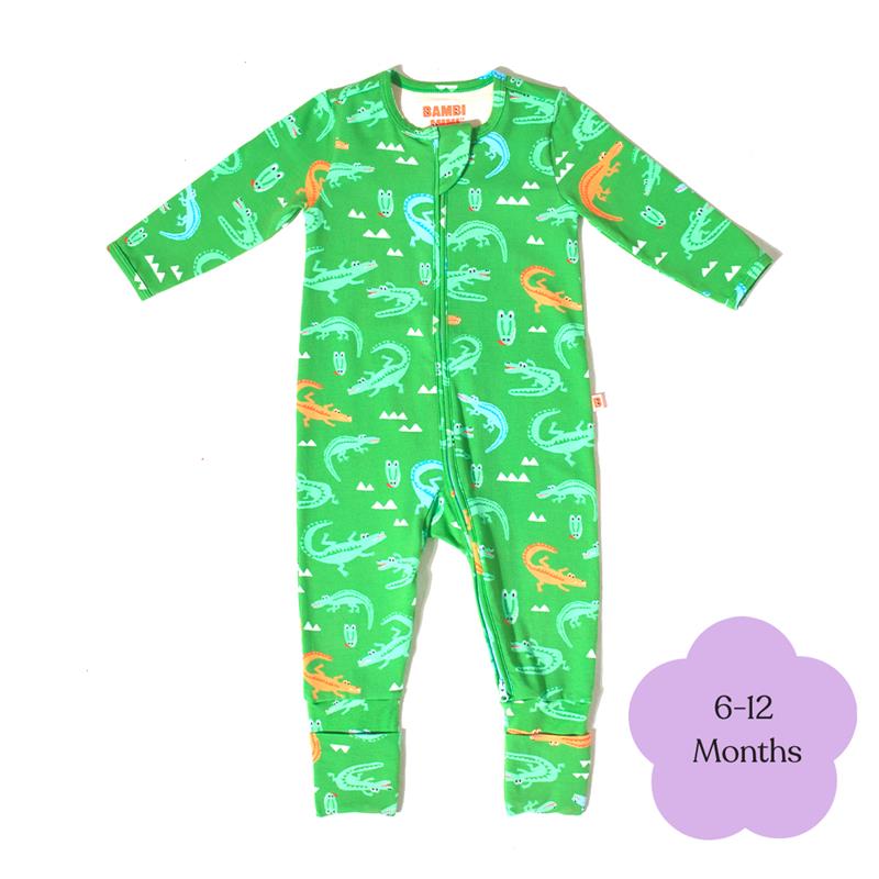Load image into Gallery viewer, Bambi Mini Co. Wrigglesuit Boys Green Crocodile Rock 6-12 With Grippy Feet

