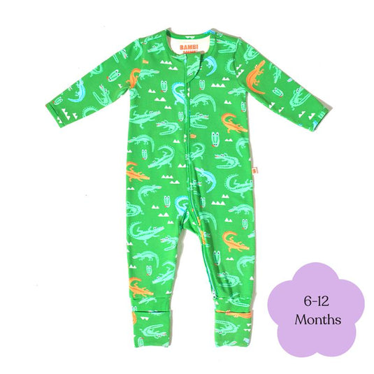 Bambi Mini Co. Wrigglesuit Boys Green Crocodile Rock 6-12 With Grippy Feet