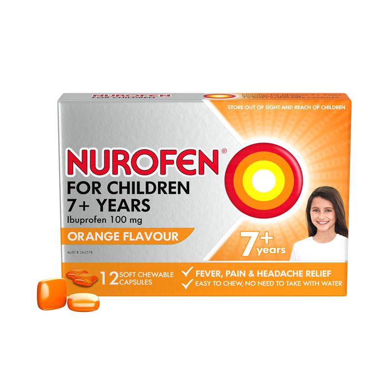 Load image into Gallery viewer, Nurofen For Children 7+ Pain and Fever Relief Chewable Capsules 100mg Ibuprofen Orange 12 pack
