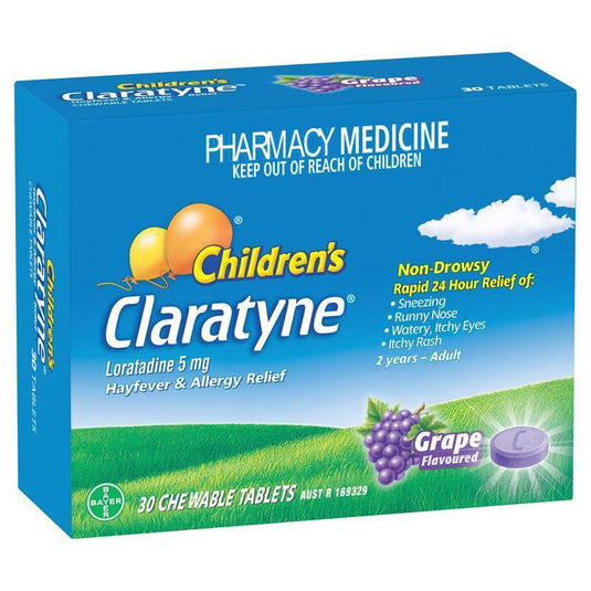 Children's Claratyne Allergy & Hayfever Relief Antihistamine For Kids Grape Chewable Tablets 30 pack