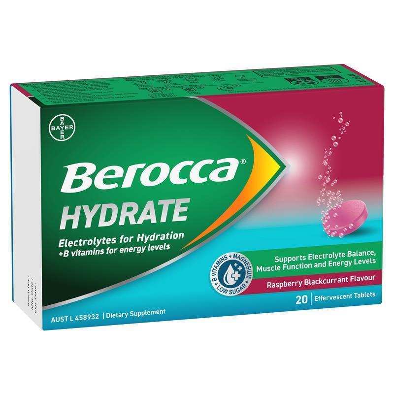Load image into Gallery viewer, Berocca Hydrate Raspberry Blackcurrant 20 Effervescent Tablets
