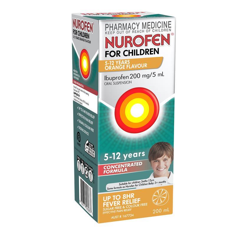 Load image into Gallery viewer, Nurofen For Children 5-12yrs Pain and Fever Relief Concentrated Liquid 200mg/5mL Ibuprofen Orange 200mL
