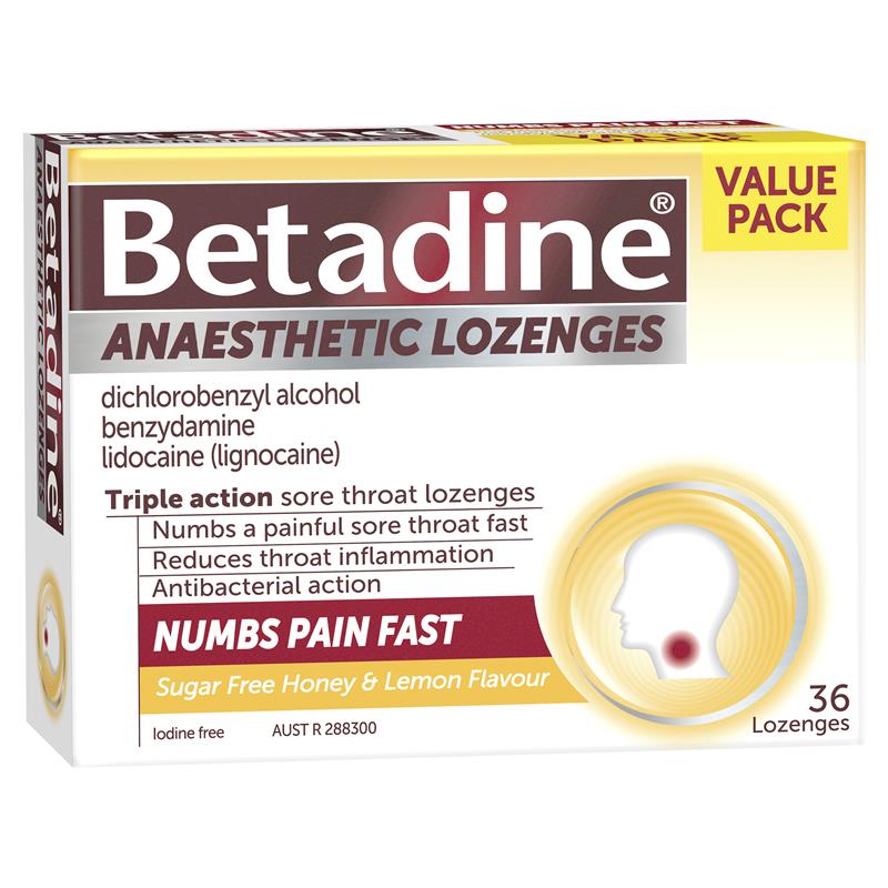 Load image into Gallery viewer, Betadine Sore Throat Lozenges Anaesthetic Honey &amp; Lemon Flavour 36 Pack
