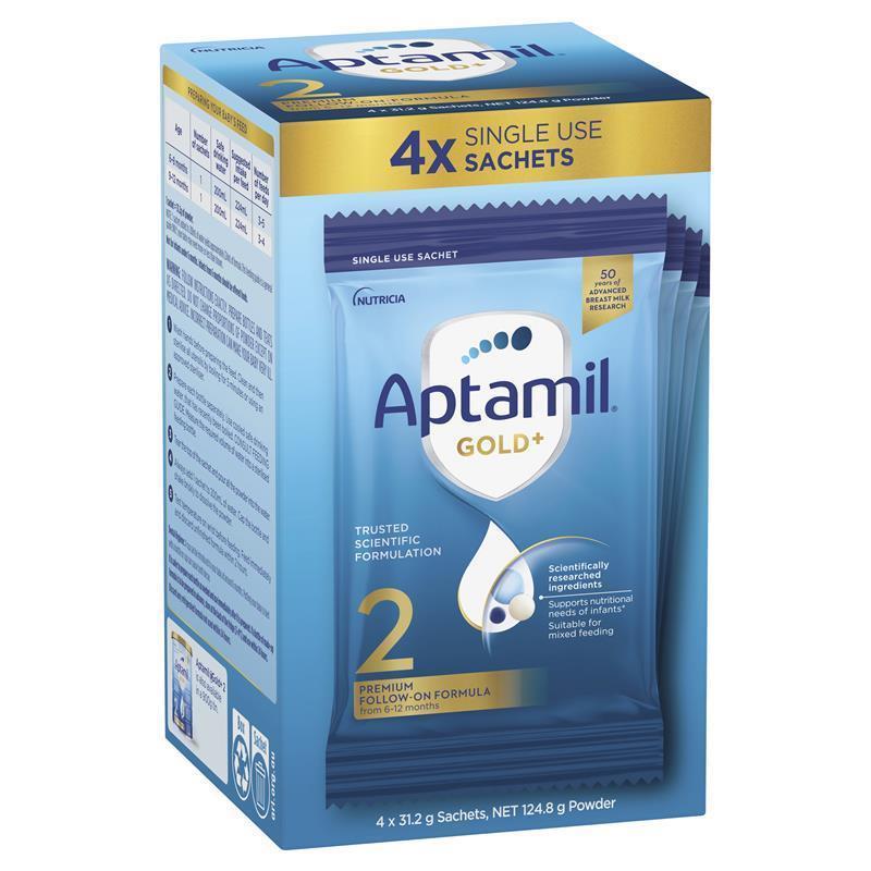 Load image into Gallery viewer, Aptamil Gold+ 2 Baby Follow-On Formula Powder Sachets From 6-12 Months 4 Pack 31.2g
