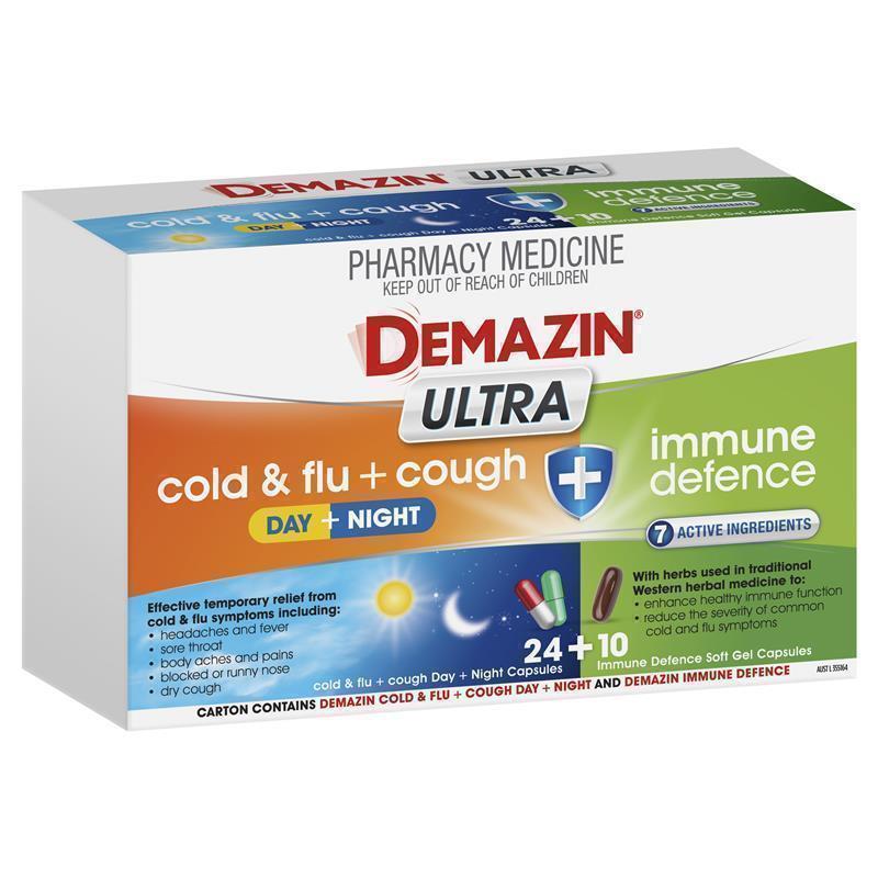 Load image into Gallery viewer, Demazin Ultra Cough Cold &amp; Flu + Immune Defence 34 Capsules
