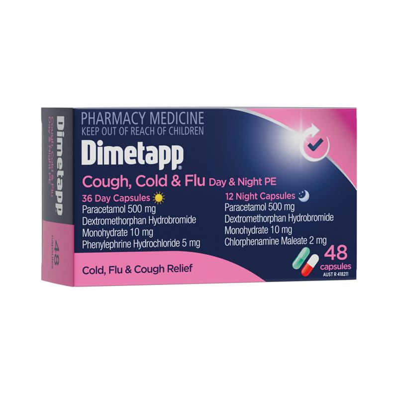 Load image into Gallery viewer, Dimetapp Cough Cold &amp; Flu Day &amp; Night 48 Capsules

