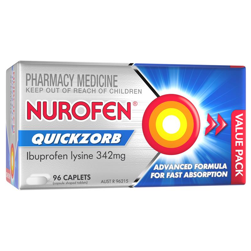 Load image into Gallery viewer, Nurofen Quickzorb Pain Relief Caplets 96 pack Ibuprofen Lysine 342mg
