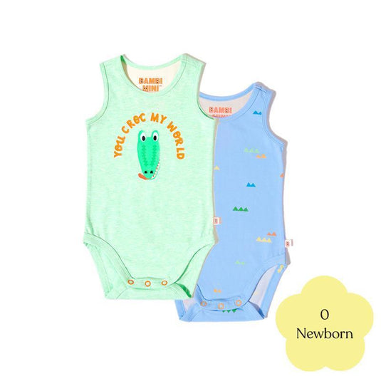 Bambi Mini Co. Supersinglet Bodysuit Boys Green Croc and Triangles 2 pack 0 Newborn