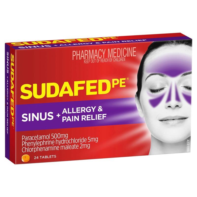 Load image into Gallery viewer, Sudafed PE Sinus + Allergy &amp; Pain Relief Tablets 24 Pack
