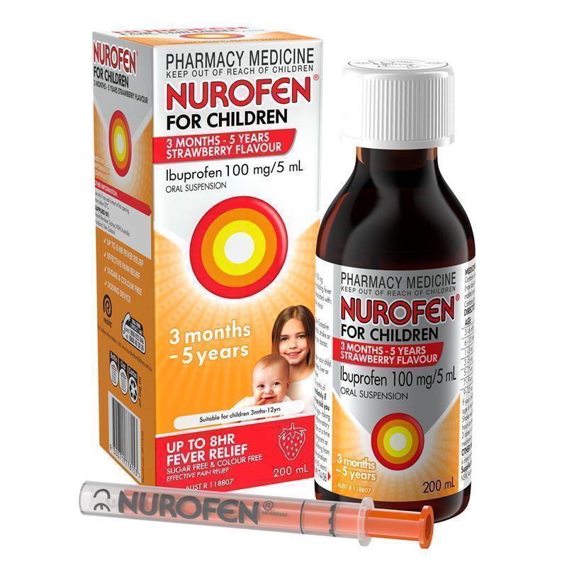 Load image into Gallery viewer, Nurofen For Children 3 months - 5 years Pain and Fever Relief 100mg/5mL Ibuprofen Strawberry 200mL
