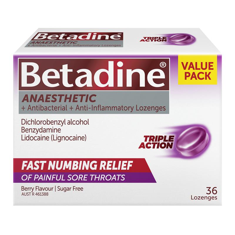 Load image into Gallery viewer, Betadine Sore Throat Anaesthetic Berry 36 Lozenges
