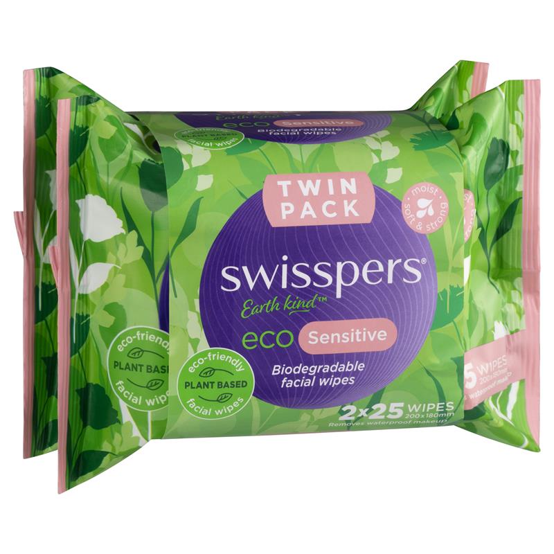 Load image into Gallery viewer, Swisspers Eco Sensitive Biodegradable Facial Wipes Twin Pack 2 x 25 Wipes
