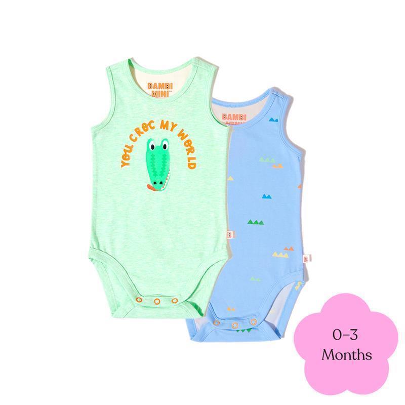 Load image into Gallery viewer, Bambi Mini Co. Supersinglet Bodysuit Boys Green Croc and Triangles 2 pack 0-3
