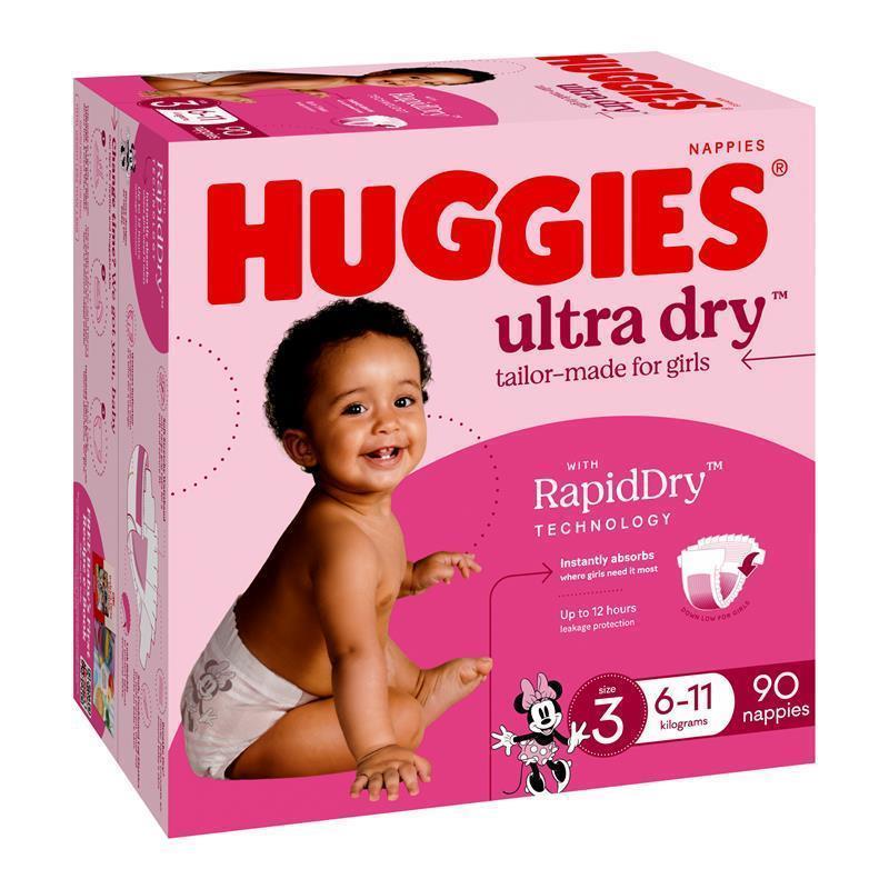 Load image into Gallery viewer, Huggies Ultra Dry Nappies Girl Size 3 Jumbo 90 Pack
