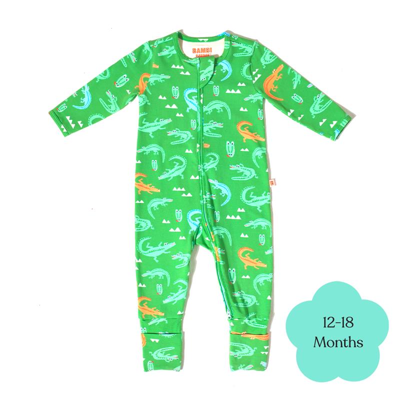 Load image into Gallery viewer, Bambi Mini Co. Wrigglesuit Boys Green Crocodile Rock 12-18 With Grippy Feet
